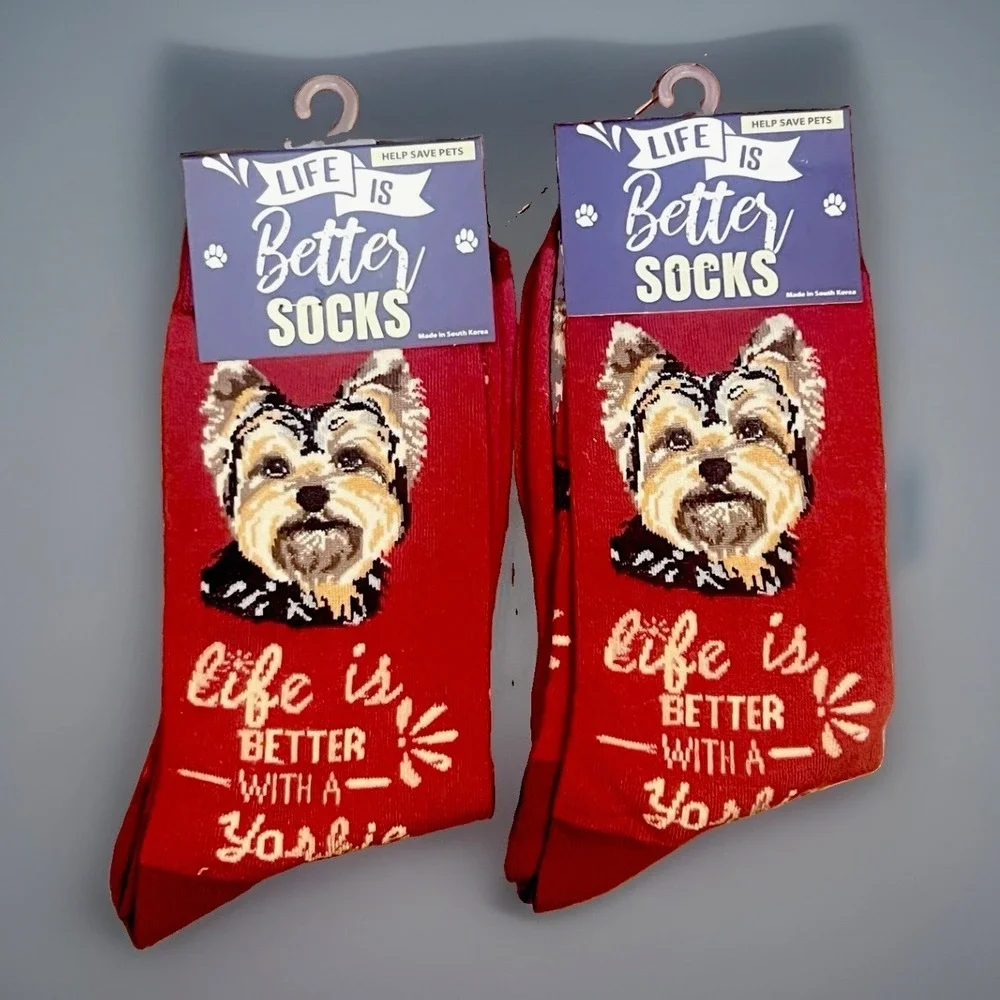E&S Pets Life Is Better With a Yorkie Crew Socks Burgundy NWT One Size Unisex